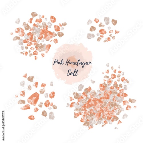 Pink himalayan salt isolated on white background digital watercolor illustration. Heap, pile, scattered crystal pieces