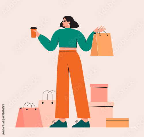 Woman going shopping. Young fashionable girl holding bags, coffee. Big sale, discount, fashion, shopaholic concept. Beautiful lady buying clothing, presents. Isolated trendy flat vector illustration