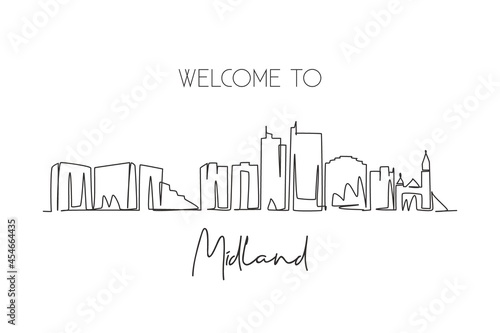 Single one line drawing Midland city skyline, Texas. World historical town landscape. Best holiday destination postcard. Editable stroke trendy continuous line draw graphic design vector illustration