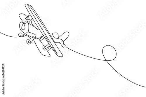 Continuous one line drawing vintage airplanes models. Retro motor aircraft with propeller icon. Monoplane and biplane planes. Air transportation. Single line draw design vector graphic illustration