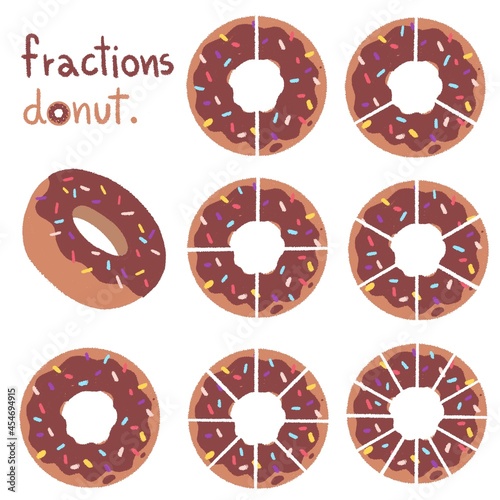 set of donut chocolates shaped fractions Hand Drawn colorful