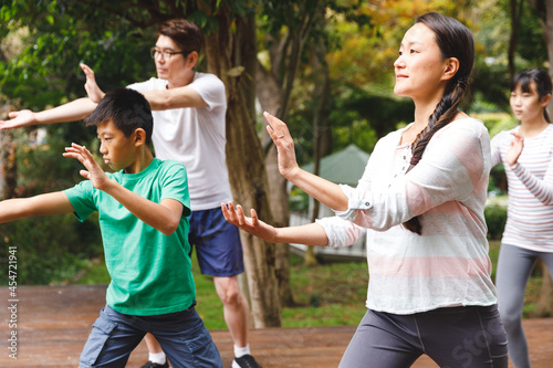 Asian parents, son and daughter exercising outdoors, practicing tai chi