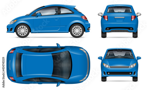 Blue car vector mockup on white background for vehicle branding, corporate identity. View from side, front, back, top. All elements in the groups on separate layers for easy editing and recolor