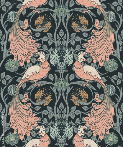 Floral vintage seamless pattern wit birds for retro wallpapers. Enchanted Vintage Flowers. Arts and Crafts movement inspired. Design for wrapping paper, wallpaper, fabrics and fashion clothes.
