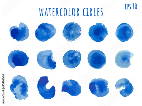 Vector illustration. Watercolor blue paint spot collection. Circle spot. Ink brush stroke. Design element for poster, cover, invitation, gift card, flyer, social media, promotion. Indigo color.