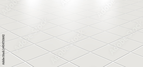 Ceramic tiles in the kitchen or bathroom on the floor 3d. Realistic white square terracotta. Perspective and light - vector illustration.