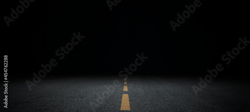 Black asphalt road and empty dark street scene background with studio room interior texture for display products wall background..