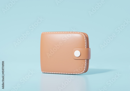 One brown wallet icon with Cashback concept. Finance online Payment, cartoon minimal style. on isolated, sky blue background, banner, illustration. 3d render