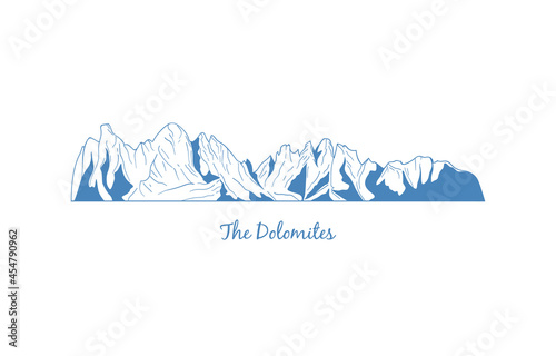 Dolomite Mountains, popular peaks for climbing. Dolomite Alps vector illustration, mountain drawing for logo, emblem, banners for skiing and mountain climbing, hiking trails, in linear style.