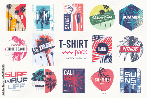 Collection of fourteen colorful vector t-shirt summer designs, prints, illustrations