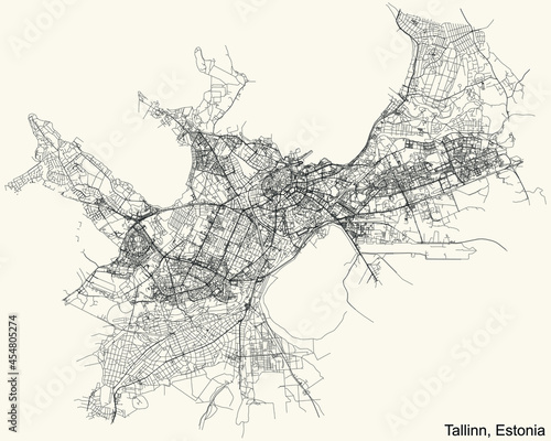 Detailed navigation urban street roads map on vintage beige background of the Estonian capital city of Tallinn, Estonia