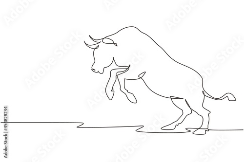 Single one line drawing Aggression wild bull attack. The bull is full of energy. Big buffalo stands up before run. Angry bull at rodeo arena. Continuous line draw design graphic vector illustration