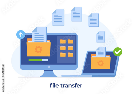 file transfer concept, backup data, document save on storage, technology cloud, upload and download, flat illustration vector template