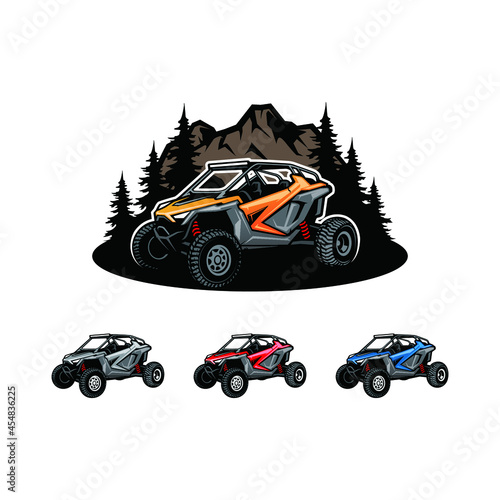 buggy atv utv adventure isolated vector with rock mountain and pines background
