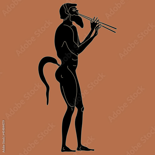 Standing ancient Greek satyr playing double flute aulos. Vase painting style.
