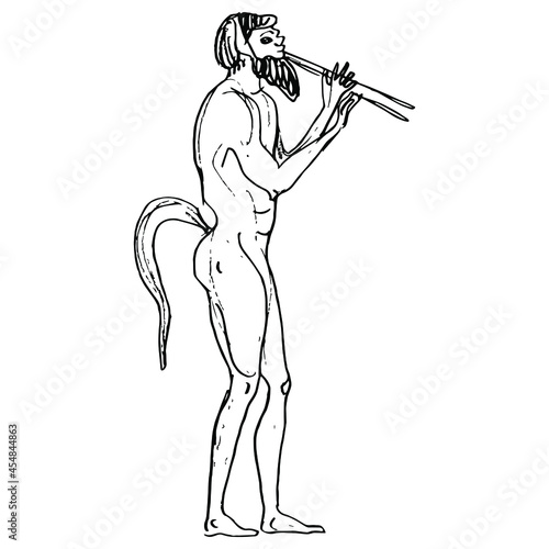 Standing ancient Greek satyr playing double flute aulos. Vase painting style. Hand drawn linear doodle rough sketch. Black silhouette on white background.