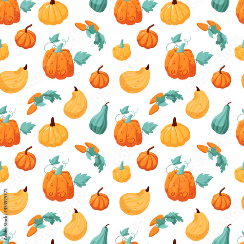 Seamless pattern with fresh harvest of pumpkins and carrots. Vector illustration isolated on white background. Garden ripe autumn harvest.