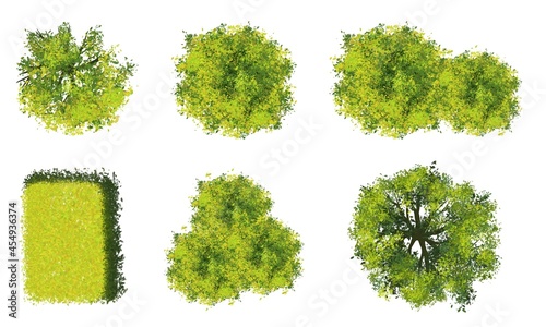 Collection of abstract watercolor tree top view isolated on white background for landscape plan and architecture layout drawing, elements for environment and garden, blossom grass illustration