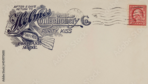 vintage retro 100 years old 1912 envelope briefumschlag stamp briefmarke gestempelt used frankiert cancel holmes confectionary werbung advertisement red rot welle wave bonbon portland maine