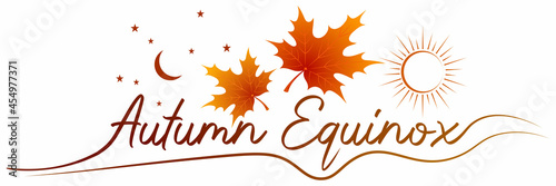 Autumn equinox vector illustration. September 22. Concept design with maple leaves in darker and lighter color. Crescent with stars and sun.