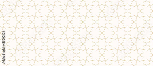 Vector abstract geometric seamless pattern. Golden lines texture, elegant lattice, mesh, weave, floral shapes, stars. Traditional oriental luxury background. Subtle gold ornament. Wide repeat design