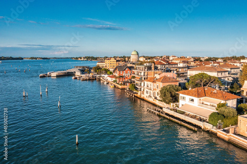 Aerial view of the Lido de Venezia island in Venice, Italy. The island between Venice and Adriatic sea.