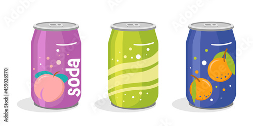 Colorful Cans of Soft Drinks Set. Hand drawn cute cartoon set of soda in aluminum cans. Aluminium soda cans flash illustrations. Kawaii trendy design of cans with peach, orange waves, bubbles.