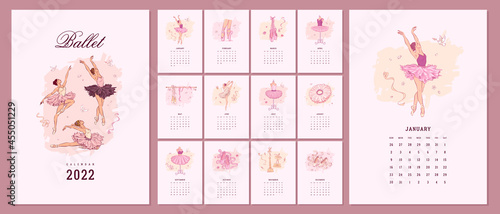 Illustrated 2022 calendar template with hand drawn ballet school elements. Vector illustration