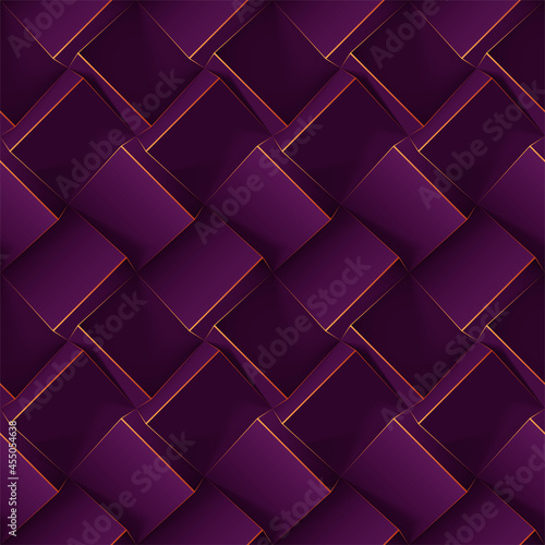 Dark violet seamless geometric pattern. Realistic 3d cubes with thin lines. template for for wallpapers, textile, fabric, wrapping paper, backgrounds. Texture with volume extrude effect.