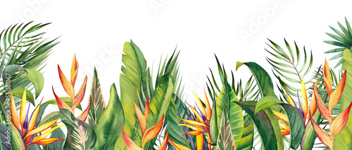 Horizontal border with tropical heliconia, strelitzia flowers and palm leaves. Bird of paradise flowers. Watercolor illustration on white background.