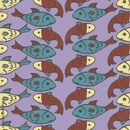 Vector seamless pattern with fish. Fancy design with hand drawn fish.