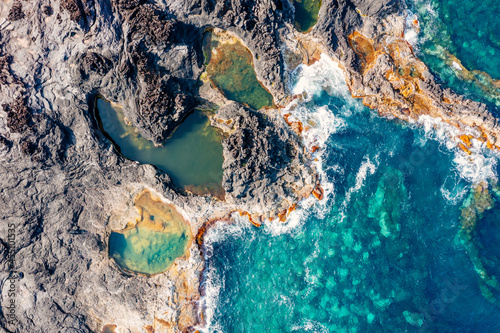 Aerial view Natural pool by the ocean, Mosteiros, Sao Miguel. Azores