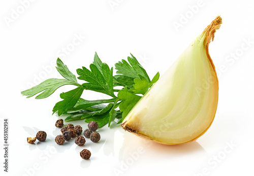 Parsley leaf, onion and black pepper isolated on white
