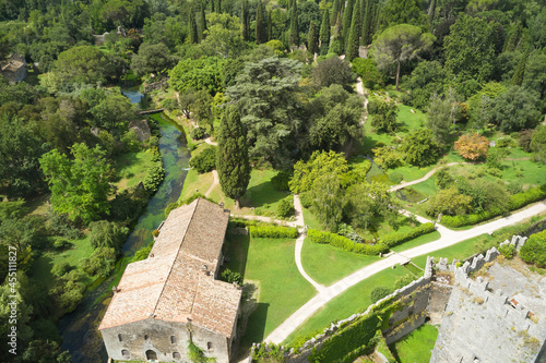 aerial close-up view of the gardens of ninfa in the country of cisterna di latina