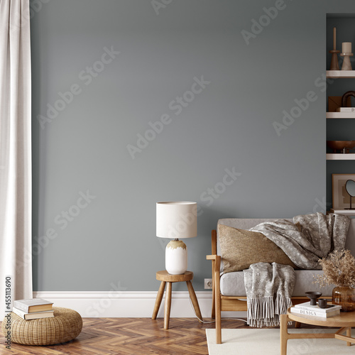 Friendly interior style. living room. Wall mockup. Wall art. 3d rendering, 3d illustration