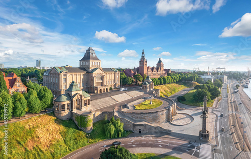 Szczecin, Poland. Aerial view of historic buildings on the bank of Oder river