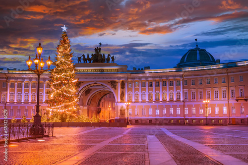 Christmas In St. Petersburg. Christmas tree on Palace Square. Christmas tree on the background of arch of the General Staff. New Year street decorations. View of New Year Petersburg without people