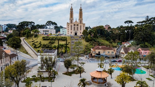 São Bento do Sul SC - Aerial view of the parish church and central square of São Bento do Sul, Santa Catarina