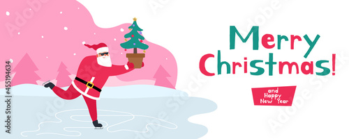 merry christmas santa claus skating on ice rink with potted spruce vector illustration