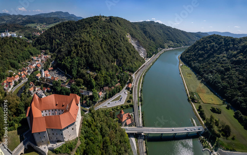 Aerial view of the medieval castle Rajhenburg near Krsko and river Sava valley, Slovenia