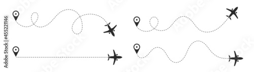 The flight path of the aircraft from the point of location along the dotted line. Flight route from a waypoint with an airplane silhouette. Vector elements.