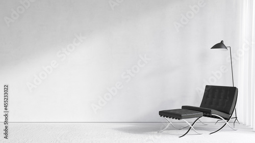 White modern minimalist interior with lounge chair and floor lamp. 3d render illustration mockup.