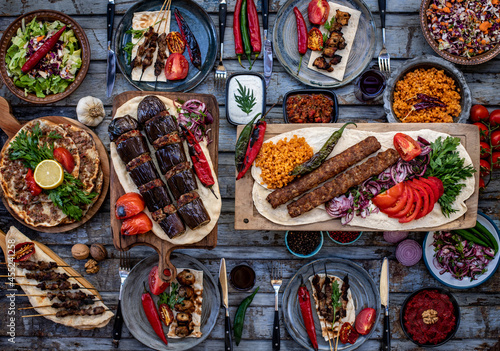 Many types of kebab on the table like adana kebab