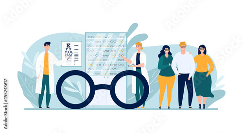 Optic store with glasses, vector illustration. Man woman people character at eye examination, buying eyeglasses in ophthalmology shop.