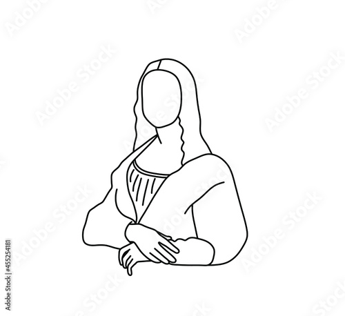 Vector isolated contour drawing famous woman painting leonardo. Colorless contour line mona woman drawing