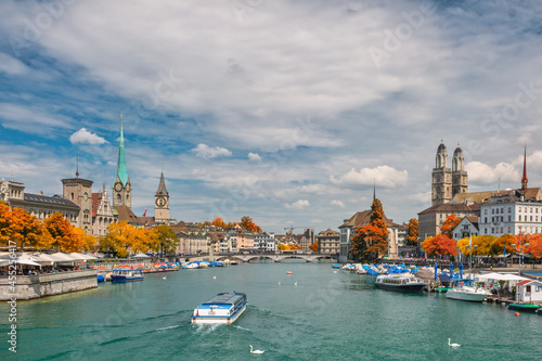 Zurich Switzerland, city skyline at Limmat River with autumn foliage season