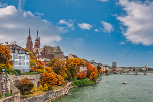 Basel Switzerland, city skyline at Rhine River with autumn foliage season