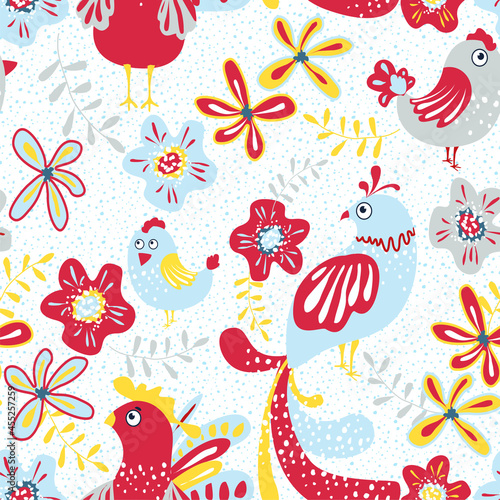 Vector seamless background with an ornament of plants and fairy birds. Pattern with stylized feathered animals. Blank for design and printing