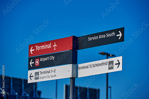 Schoenefeld, Germany - September 3, 2021: Information board in the area of the airport BER Berlin-Brandenburg.