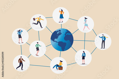 Global network community, offshore or remote work around the world, social media or work networking, connect or link people together concept, business people connect with line around global world.